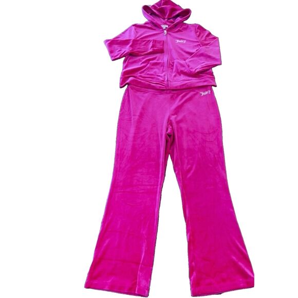 Juicy Couture Velour Tracksuit Set XXL/XL Hot Pink Hooded Y2K Rhinestone Bling - Picture 2 of 12